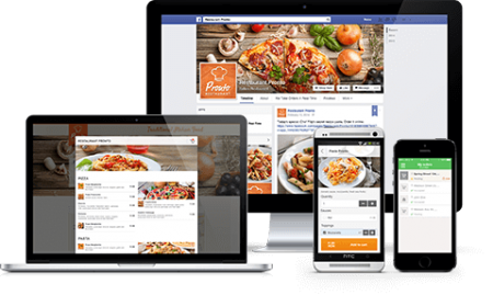 Online Ordering System shown on laptop, desktop and smartphone devices