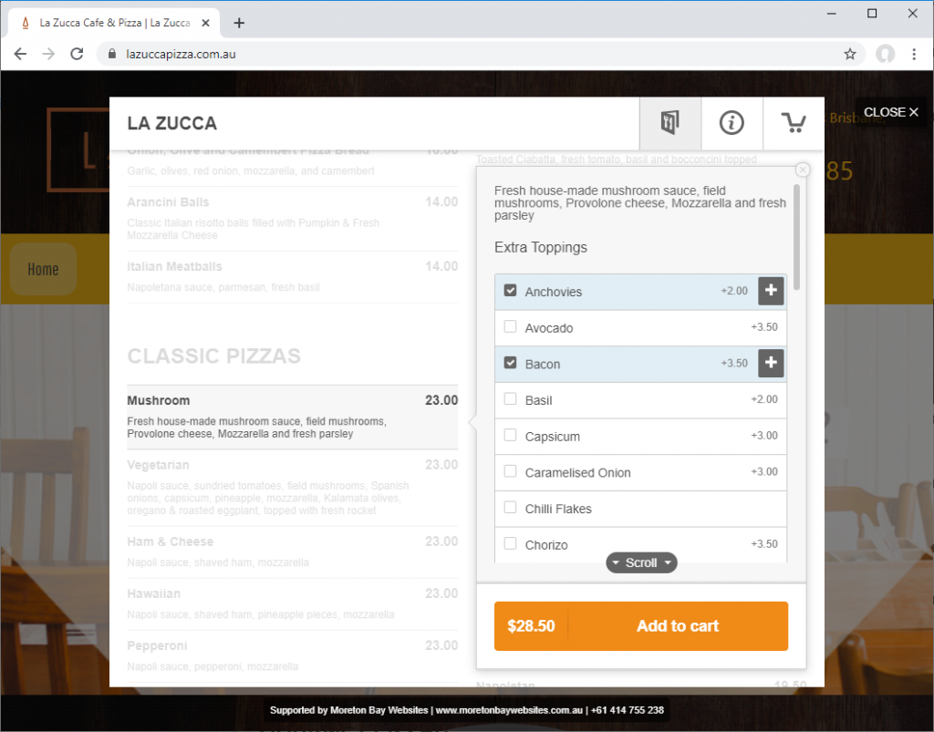Online ordering system with menu item extras for pizza toppings