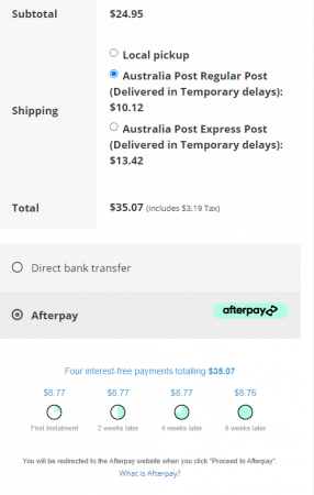 WooCommerce Cart Totals with Australia Post and Afterpay