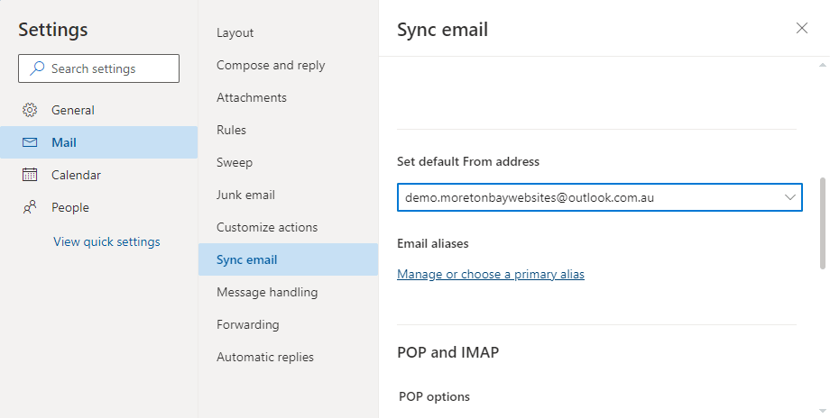Outlook.com settings dialog for mail sync email ready to add an alias