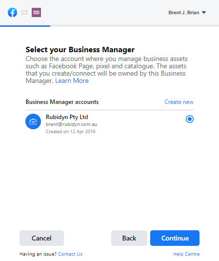 Select Facebook Business Manager Account to connect WooCommerce