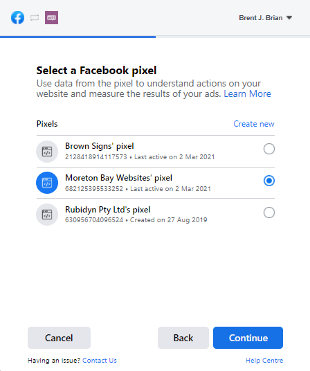 Select Facebook Pixel to use for measuring analytics of Facebook ads