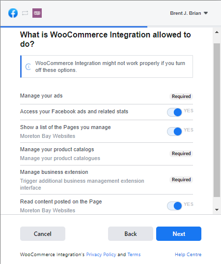 WooCommerce Integration permissions for connecting to Facebook Shop