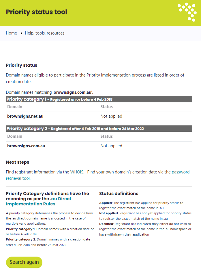 .au domain name priority status tool results for brownsigns.com.au, showing priority category 1 and priority category 2