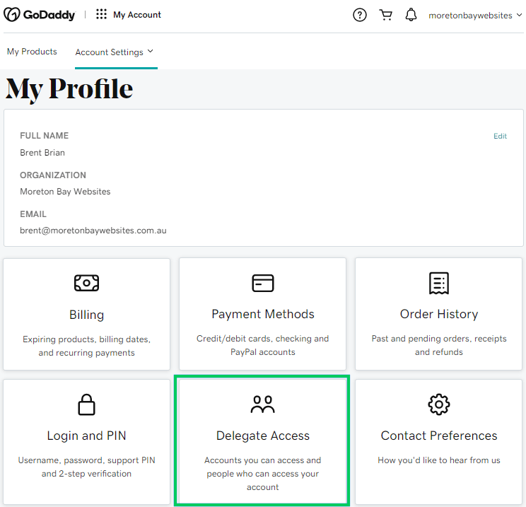 GoDaddy account profile with Delegate Access option highlighted