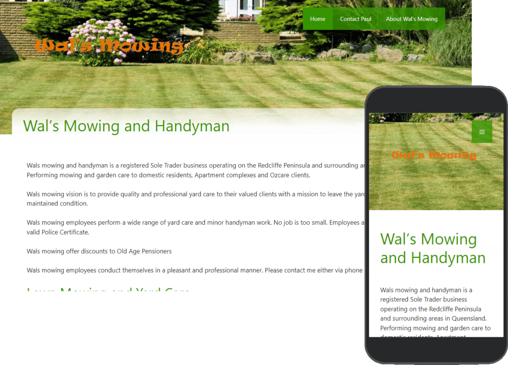 Wals Mowing and Handyman website portfolio images of desktop and mobile view