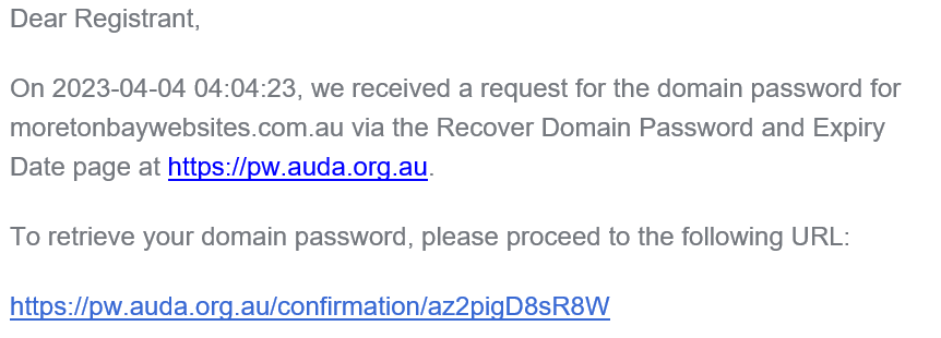 Email from auDA with link to recovery domain password